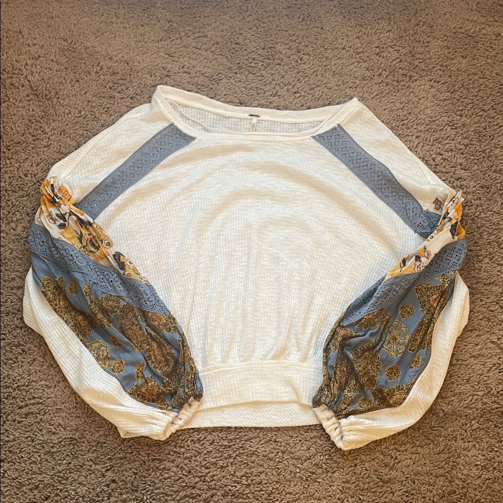 Free People White Pullover with Blue and Gold Floral Sleeve Panels
